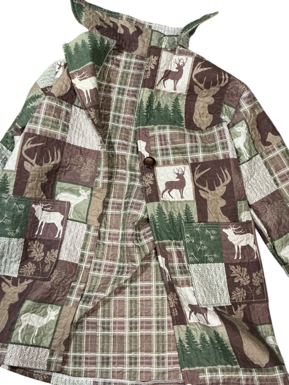 Camo Patchwork Blanket Jacket Upcycled Bedspread Forest Bear Deer Cabin - Picture 5 of 12